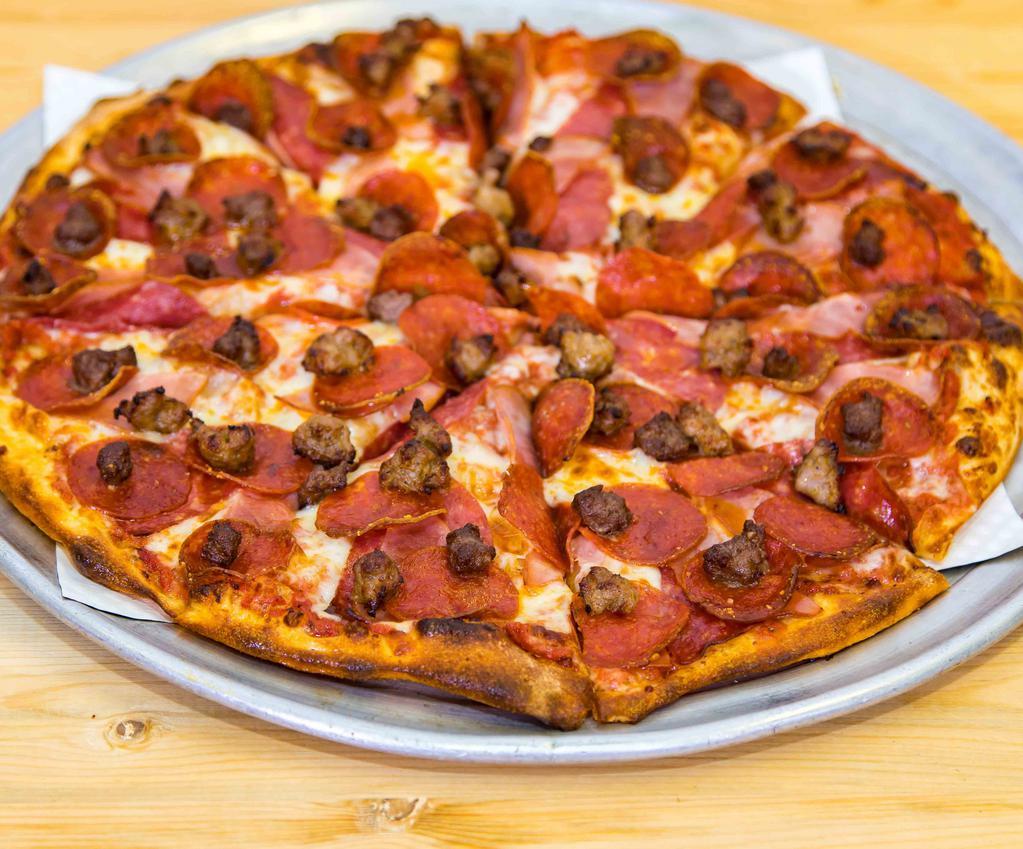 6. Grand Salami Pizza · All meat pizza. Salami, pepperoni, ground beef, Italian sausage, Canadian bacon, and mozzarella cheese with our red sauce.
