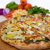 11. Green Monster Pizza · Artichoke pesto pizza. Artichoke hearts, fresh spinach, Roma tomatoes, chopped garlic, feta,...