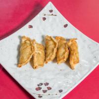GYOZA · Tender, seasoned pork and vegetables nested in a savory golden-brown wrapper.
