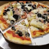 4 Stagioni Pizza · Black olives, prosciutto cotto, artichokes, mushrooms and whole milk mozzarella cheese.