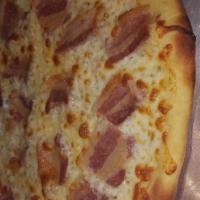 Carciofina Pizza · Homemade artichoke pate, bacon and whole milk mozzarella cheese.
