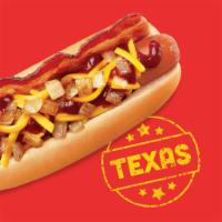 Texas BBQ Dog · A grilled all-beef dog in a fresh steamed bun topped with a slice of bacon, BBQ sauce, grill...