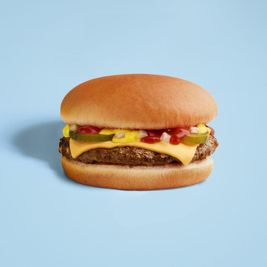 Cheeseburger · A juicy 100% USDA all-beef hamburger patty grilled to perfection topped with a slice of American cheese, mustard, ketchup, pickles and minced onions served on a toasted bun.