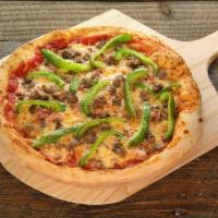 Meat Seduction · Mozzarella cheese, bacon, sausage, meatballs, and green peppers.