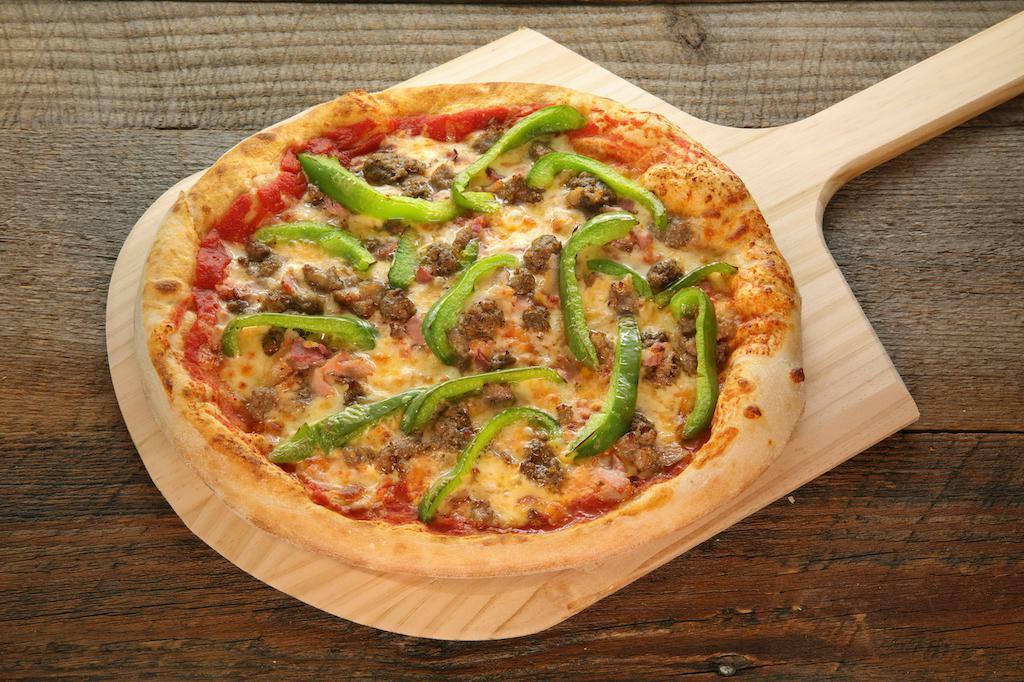 Meat Seduction · Mozzarella cheese, bacon, sausage, meatballs, and green peppers.