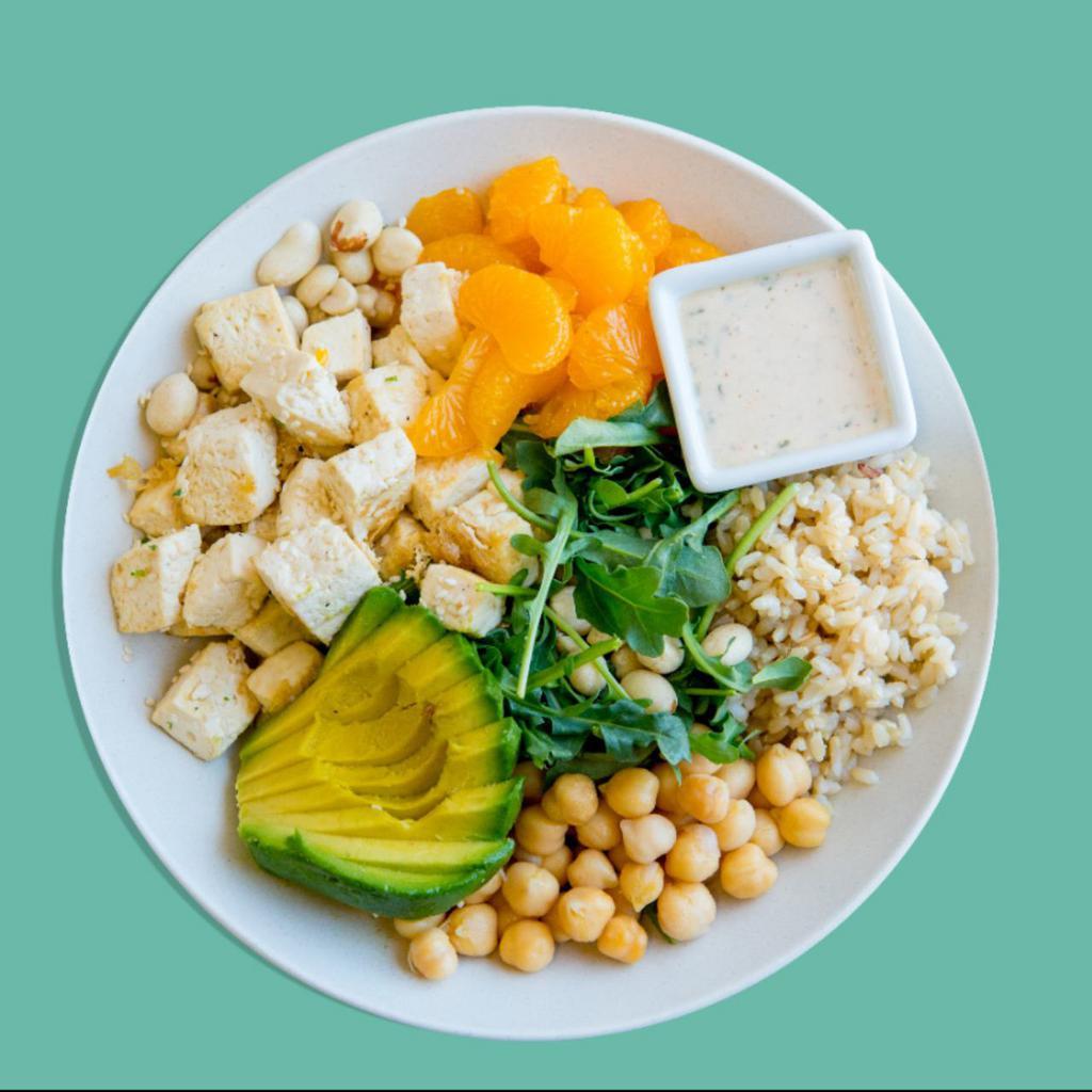Namaste · Mixed greens, chickpeas, avocado, roasted peanuts, mandarin oranges, creamy sesame dressing. Served with a base of your choice and either roasted antibiotic-free chicken or roasted sesame tofu. 