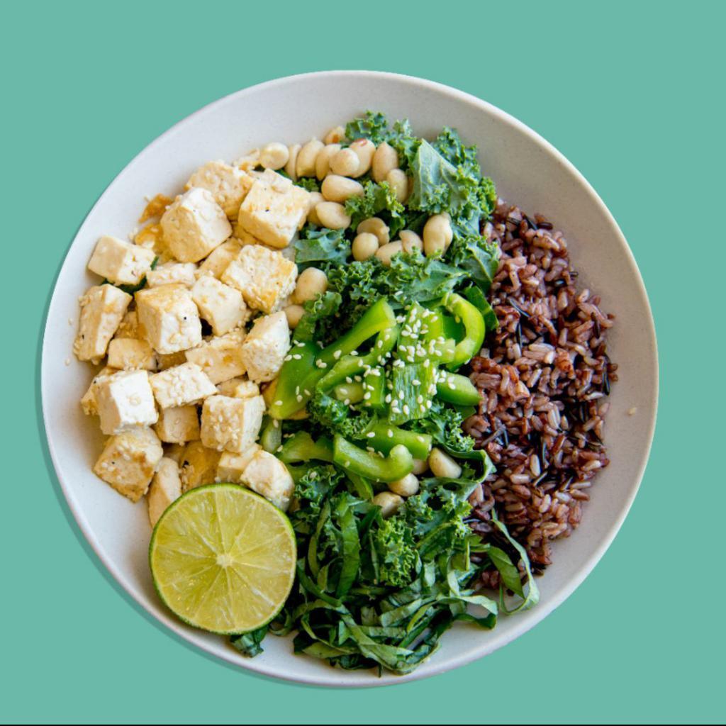 Vegan Bangkok · Mixed greens,sauteed mushrooms, charred peppers, basil,roasted peanuts, sesame seeds, peanut dressing, lemon wedge. Served with a base of your choice and either roasted antibiotic-free chicken or roasted sesame tofu. (Gluten-Free & Vegan)
