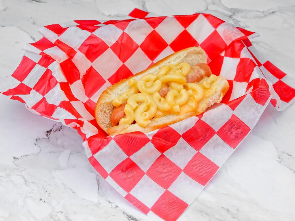 Mac and Cheese Dog · Topped with mac and cheese.