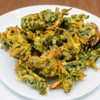 Spinach Pakoda with Chutney · Crisp and tasty deep-fried spinach fritters.