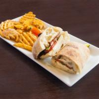 Rustic Santorini Sandwich · Grilled chicken, fresh mozzarella, spinach, shiitake mushrooms, sun-dried tomatoes and sweet...