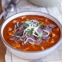 Mexican Chicken Tortilla Soup · A blend of grilled corn tortillas, oven-roasted tomatoes, red bell peppers and jalapenos Gar...