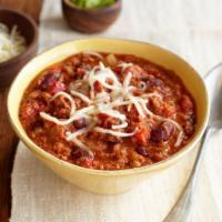 Turkey Chili · A hearty chili made from all-natural ground turkey, tomatoes, red bell peppers and kidney be...