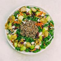 Brussels, Kale and Quinoa Salad · Massaged kale, roasted Brussels sprouts, tri-color quinoa, carrots, Granny Smith apples, cab...