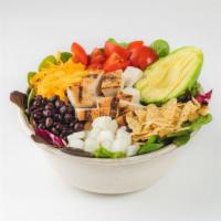 Chicken Chipotle Salad · Organic mixed greens, free-range chicken, roasted corn, jicama, black beans, tomatoes, avoca...