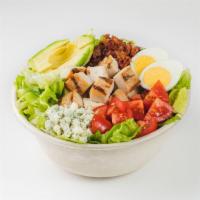 Grilled Chicken Cobb Salad · Crisp romaine, free-range chicken, uncured bacon, hard-boiled cage-free egg, avocado, tomato...
