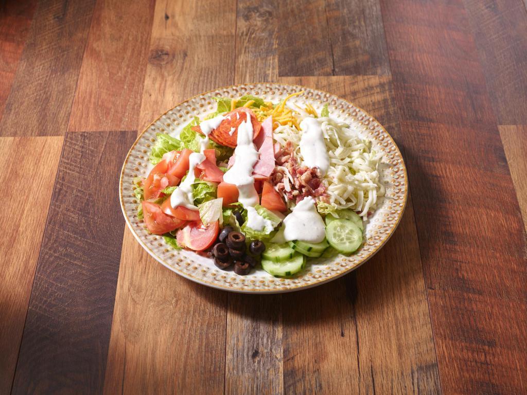 Chef Salad · Ham, bacon, tomato, cucumber, black olives, croutons, pepperoni, mozzarella and cheddar cheese. Served with ranch or Italian dressing.