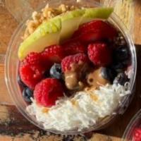 Fruit Twist Bowl · Acai, banana, coconut shaving, granola, seasonal berries, pears, almond butter, almond milk,...