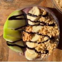 Peanut Butter Kiss Bowl · Acai, banana, peanut butter, sliced apples, granola, chocolate sauce drizzle, soy milk, hone...