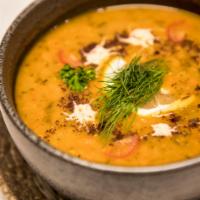 Lentil Soup · Red lentils, carrots, garlic, onions, herbs, Moroccan spices, olive oil. Served with pita br...