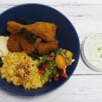 Fried Chicken Plate · Fried Chicken, Rice, Hummus, Spring Salad