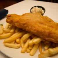 Beer Battered Fish and Chips · Tender haddock filet deep fried golden brown served with coleslaw, tartar sauce and fries.