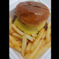 Fresh Cheeseburger and Fries · Fresh burger topped with American cheese, lettuce, tomatoes, onions, pickles, mayo, ketchup ...