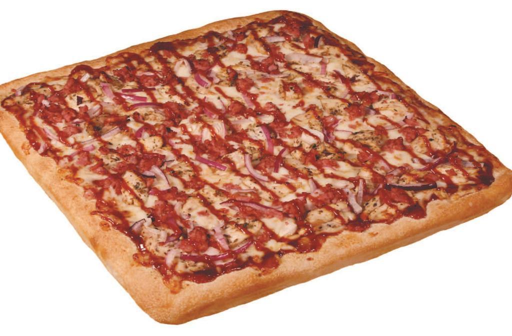 BBQ Chicken Deep Dish Pizza · Sweet Baby Ray's BBQ sauce, grilled chicken, red onions and bacon.