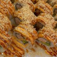 Crunchy California Roll · 10 pieces. Crab stick, cucumber, avocado, topping with
Shrimp crunchy flakes, combo spicy ma...