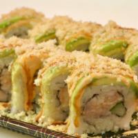 Shrimp Roll · Seasoned cooked shrimp, cream cheese, cucumber, avocado on top, topping with shrimp crunchy ...
