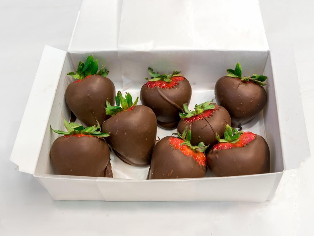 Milk Chocolate Covered Strawberries · 6-10 strawberries per pound depending on size of crop. 
STRAWBERRIES ARE PERISHABLE ON THE SAME DAY DIPPED/SOLD. 
We HIGHLY recommend purchasing strawberries in-store to ensure freshness. 