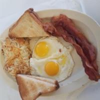 Bacon and Eggs · 4 slices of bacon, eggs made the way you like, hash browns, wheat or white toast


