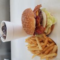 Bacon Cheeseburger Combo · Bacon burger topped with melted cheese, fries and a medium drink.
