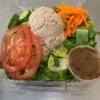 Spa Tuna Salad · Chunk albacore tuna with lettuce, tomato, carrots and cucumbers tossed with low-fat balsamic...