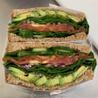 Fresh Veggie Sandwich · Lettuce, tomatoes, red onion, alfalfa sprouts, cucumber, avocado and spinach on choice of br...