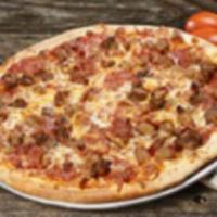 Everest Pizza · Italian sausage, pepperoni, salami, beef meatball, tomato sauce, mozzarella and cheddar.