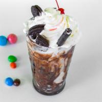 Oreo Bomb ( FAN FAVE) · 2 scoops of vanilla, Oreo ,brownie and cookie crumble, chocolate syrup, whipped cream and ch...