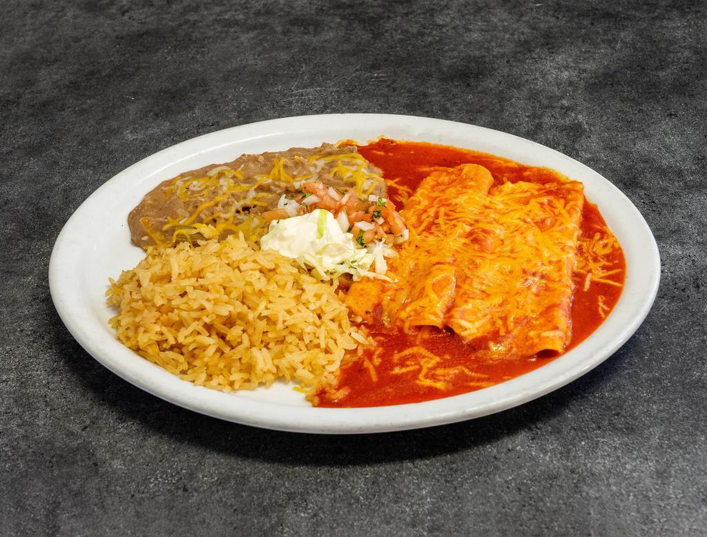 Enchiladas Combo · Served with rice and beans.
