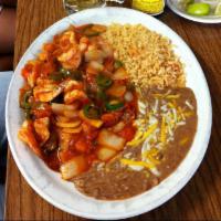 Camarones a la Mexicana · Sauteed shrimp, tomatoes, onions, jalapeno and ranchera sauce. Served with rice, beans, and ...