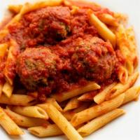 Penne Pomodoro with Meatballs · Penne pasta with Pomodoro sauce and meatballs. Served with a Caesar or Side Salad.