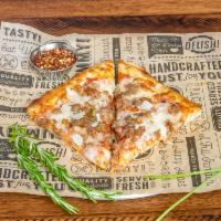 Sausage & Cherry Pepper Pizza · sweet italian sausage, picked cherry peppers, flaky parmesan and mozzarella cheese