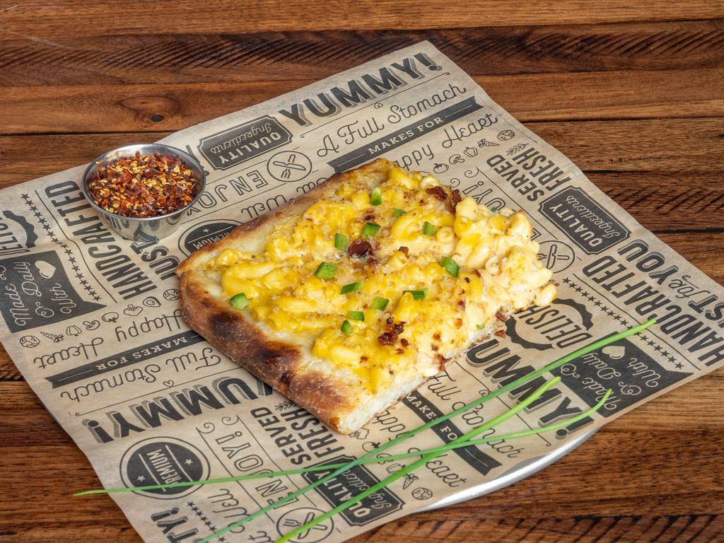 Mac & Cheese Pizza · signature mac & cheese, toasted bread crumbs, and bacon bites