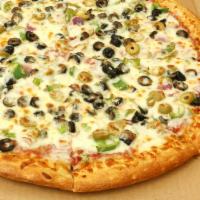 Crown's Vegetarian Pizza · Green peppers, mushrooms, onions, black olives, green olives and fresh sliced tomatoes.