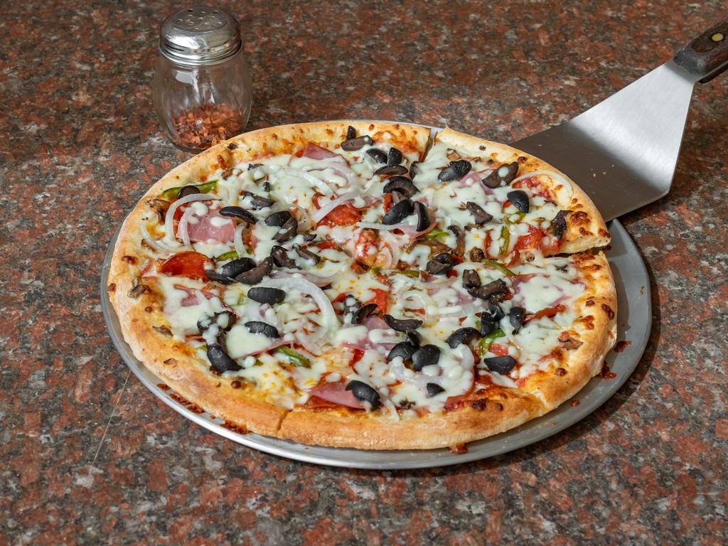 Super Combo Pizza · Pepperoni, Canadian bacon, black olives, green peppers, onions, mushrooms and extra cheese.