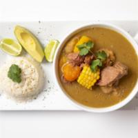 Sancocho (Chicken, Beef & Pork Stew) · Stew-like soup with Beef, chicken and pork. Includes vegetables and corn.