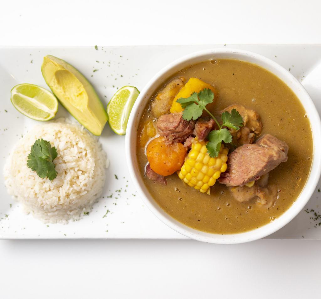Sancocho (Chicken, Beef & Pork Stew) · Stew-like soup with Beef, chicken and pork. Includes vegetables and corn.
