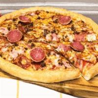 New York Deli Pizza · Freshly sliced pepperoni and salami, spicy Italian sausage, savory Canadian bacon, lean grou...