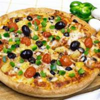 Vegetarian Pizza · A layer of homemade pizza sauce and loaded with fresh onions and green peppers, ripe tomatoe...