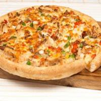 Santa Fe Chicken Pizza · Homemade chipotle ranch sauce and loaded with juicy chicken strips, sautéed green and red pe...