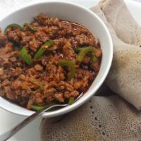 Awaze Tibs · Chopped rib eye marinated and cooked with tomato, jalapeno, garlic and BBQ sauce.