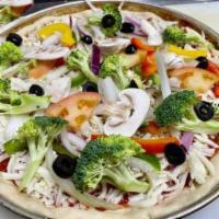 Vegetable Pizza · Mushroom, tomato, pepper, broccoli, black olives and onion.